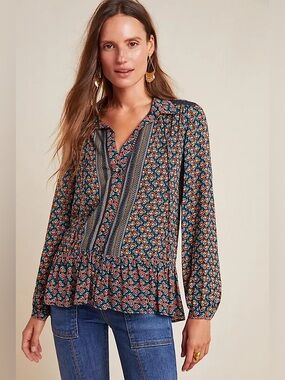 Maeve by Anthropologie Janie Flounced Peasant Bloouse Long Sleeve Button Up 16